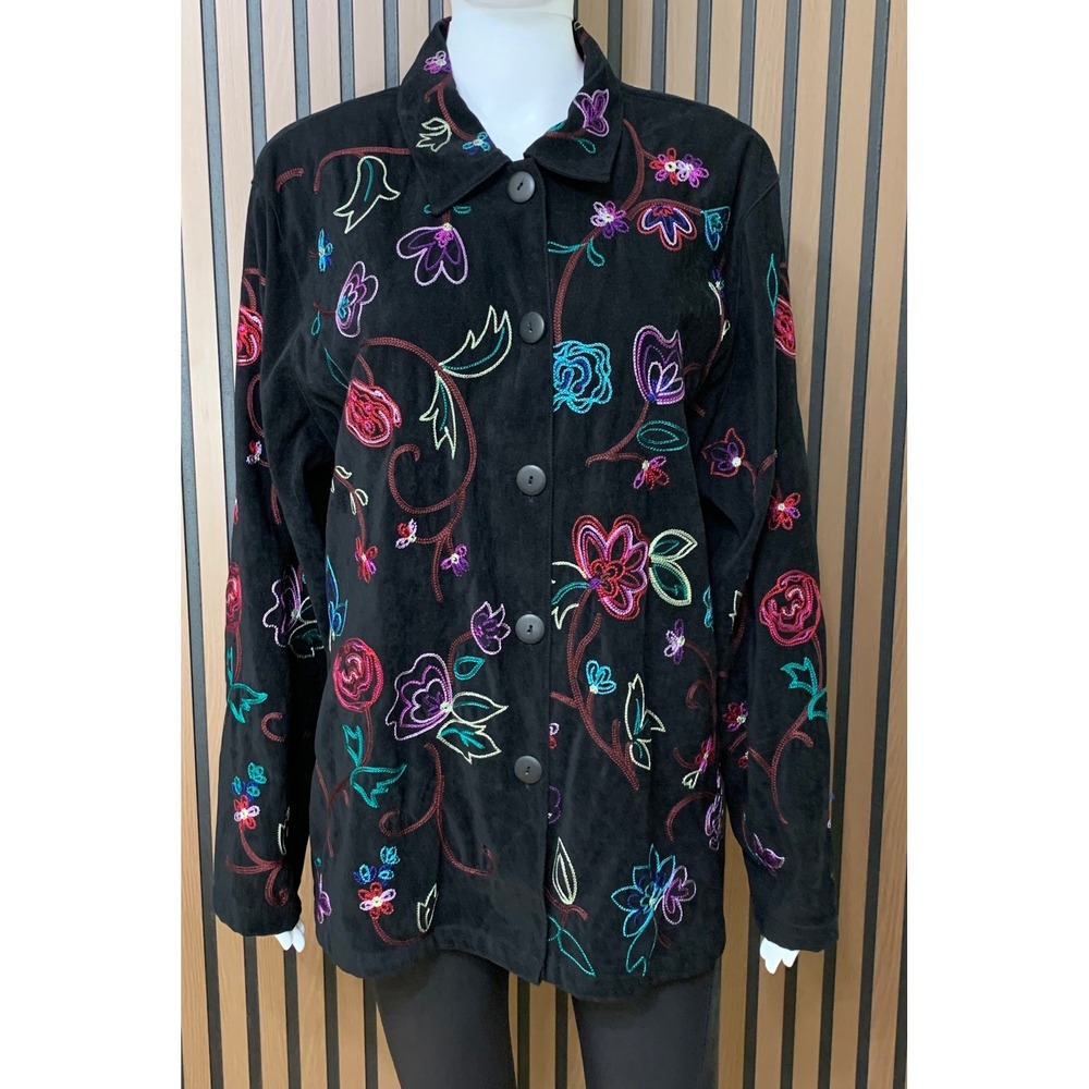 Koret Women's XL Black Faux Suede Floral Embroidered Button Front Jacket Artsy